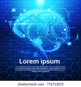 Glowing Polygonal Human Brain Over Abstract Low Poly Blue Background With Copy Space Vector Illustration