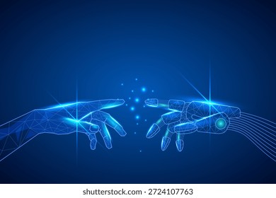 Manos poligonales brillantes humanas y robóticas que se acercan unas a otras en un espacio digital azul oscuro. Simboliza la IA, la tecnología y la colaboración hombre-máquina. Perfecto para imágenes futuristas y de innovación.