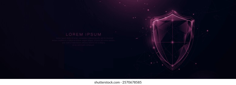 A glowing polygonal shield in pink, symbolizing online security, data protection, and modern technology
