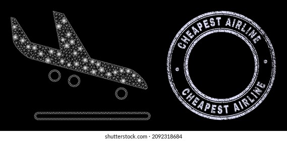 Glowing polygonal web airplane arrival icon with glitter effect on a black background with round Cheapest Airline scratched stamp seal. Vector frame is created from airplane arrival icon,