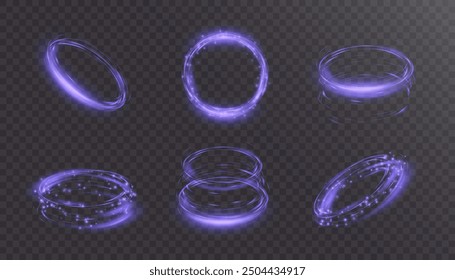 Glowing portal podium. Set of round teleportation portals with glow in the dark neon light for vector illustrations.	