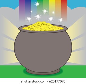 A glowing pot of gold is resting at the end of the rainbow