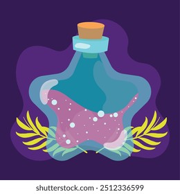 Glowing potion bottle with cork on a dark purple background Vector illustration