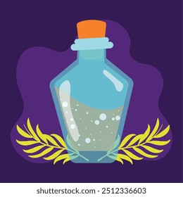 Glowing potion bottle with cork on a dark purple background Vector illustration