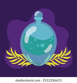 Glowing potion bottle with cork on a dark purple background Vector illustration