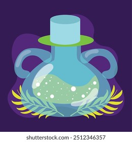 Glowing potion bottle with cork on a dark purple background Vector illustration