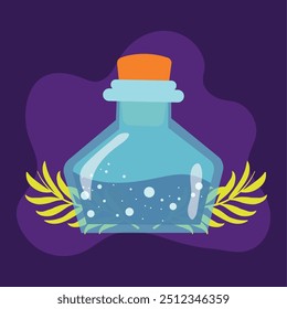 Glowing potion bottle with cork on a dark purple background Vector illustration