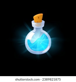 Glowing potion glass bottle on dark background. Bulb flask with magic blue energy elixir. Game ui asset. Cartoon vector illustration.