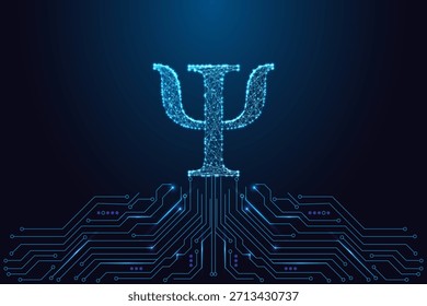 Símbolo Psi brilhante saindo da placa de circuito. Psicologia, saúde mental, tecnologia neural, ciência cognitiva e terapia digital. Rede poligonal neon futurista. Ilustração de vetor de tecnologia azul.