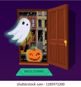 Glowing pumpkin enters the house through an open door. In the hallway flying glowing Ghost. Outside the door of the city autumn landscape at dusk. Flat cartoon style vector illustration.