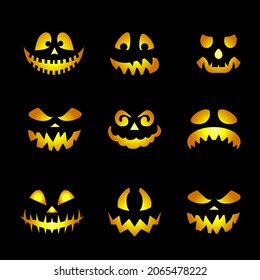 Glowing Pumpkin Faces Emoticons. Scary Halloween Emojis of Angry Ghost, or Alien, Spooky Creatures with evil Eyes, Teeth, and Creepy Smiles Set on Black Backdrop
