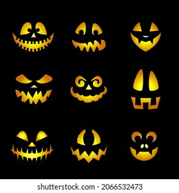 Glowing Pumpkin Faces Emoticons. Scary Halloween Emojis of Angry Ghost, Spooky Creatures with evil Eyes, Teeth, and Creepy Smiles Set on Black