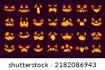 Glowing pumpkin faces. Glow eyes and teeth mouth of scary halloween creatures, jack-o-lantern carved spooky face or smile pumpkins emoji smiley, ingenious vector illustration of halloween smile teeth