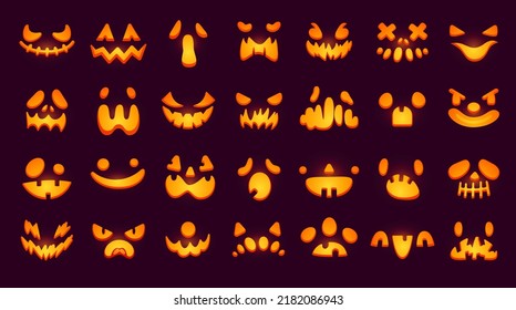 Caras de calabaza resplandecientes. Ojos brillantes y boca de dientes de criaturas espeluznantes de halloween, cara espeluznante tallada de jack-o-linterna o sonrisa calabazas emoji sonriente, ingeniosa ilustración vectorial de los dientes de sonrisa de halloween