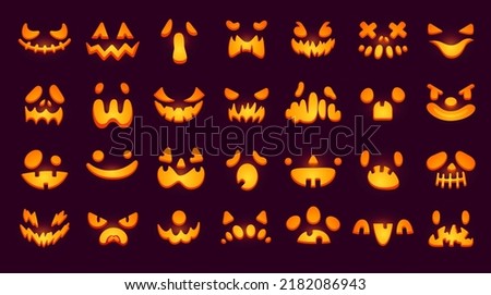 Glowing pumpkin faces. Glow eyes and teeth mouth of scary halloween creatures, jack-o-lantern carved spooky face or smile pumpkins emoji smiley, ingenious vector illustration of halloween smile teeth