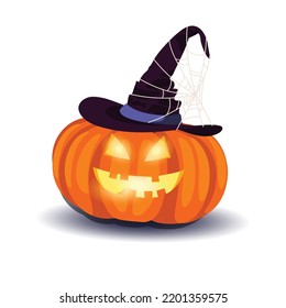 A glowing pumpkin in a Halloween witch hat, isolated on a white background. Vector illustration.