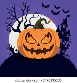 Glowing pumpkin - Spooky Halloween Night poster with haunted house, bats, graveyard, and scary tree