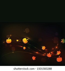 Glowing pumpkins and leaves on a dark background.  Halloween vector background, Thanksgiving or Autumn