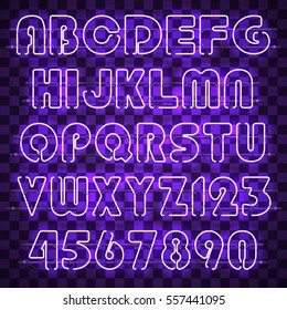 Glowing purple alphabet with letters from A to Z and digits from 0 to 9. Glowing neon effect. Every letter is separate unit with wires, tubes and holders and can be combined with other.