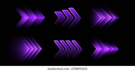 Setas roxas brilhantes, ponteiros brilhantes dinâmicos, conceito de movimento rápido.