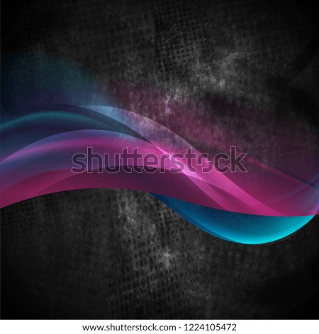 Glowing purple and blue waves on black grunge background. Vector design