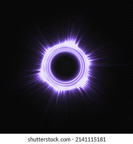 Glowing purple circle. An elegant illuminated ring of light on a dark background. Round frame, shiny borders with glitter or fairy dust, glowing rings.