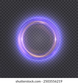 Glowing purple circle on transparent background. Glowing ring with bright backlight. Round purple glow frame with bright shine. Luxury element for advertising. Vector