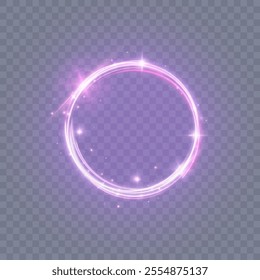 Glowing purple circle on transparent background. Glowing ring with bright backlight. Round purple glow frame with bright shine. Luxury element for advertising. Vector	
