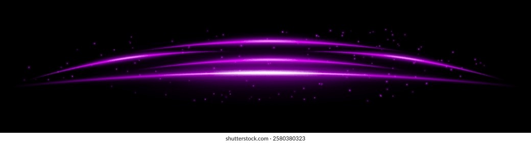 Glowing purple curved light streaks with scattered particles on a dark background. Futuristic arc-shaped energy flow, laser effect, neon illumination, and digital motion concept.