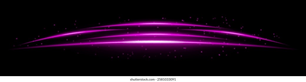 Glowing purple curved light streaks with scattered particles on a dark background. Futuristic arc-shaped energy flow, laser effect, neon illumination, and digital motion concept.