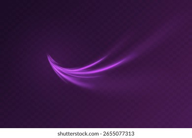 Rayos curvos púrpura brillante sobre fondo transparente. Efecto de velocidad. Ilustración vectorial.