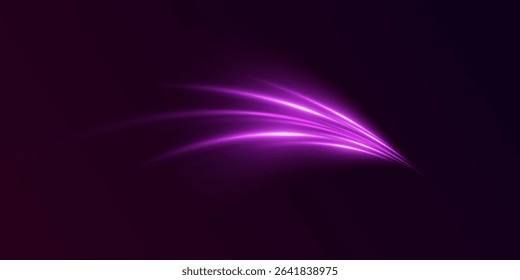 Glowing purple curved rays.Abstract vector neon wave.Speed ​​effect.Bright sparkling background.Laser beams.
