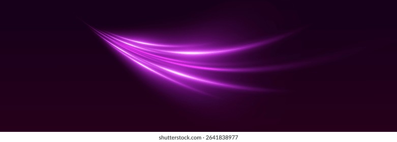 Glowing purple curved rays.Abstract vector neon wave.Speed ​​effect.Bright sparkling background.Laser beams.