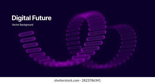 Glowing purple DNA double helix created from abstract particles on a dark background. Modern biotechnology, genetics, molecular biology and medical research visualization