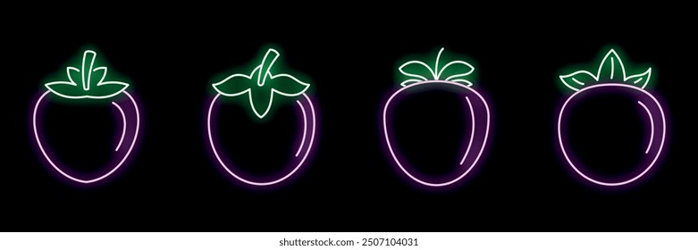 Glowing purple and green neon sign of a persimmon fruit in four different styles on a black background