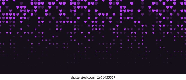 Glowing purple heart pattern, digital love abstract pixel grid. Romantic mood backdrop, passion, emotion, night tech background for events, apps, web. Magenta Neon pixel art vector illustration