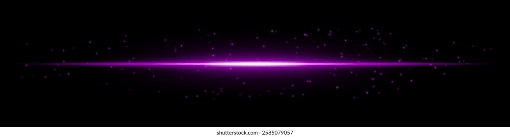Glowing purple horizontal light beam with scattered particles on a dark background. Futuristic energy burst, laser effect, sci-fi illumination, and digital glow concept.
