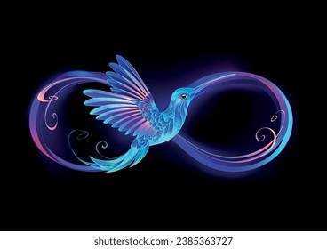 Glowing, purple infinity symbol with flying, luminous, blue hummingbird on black background. hand drawn vector art