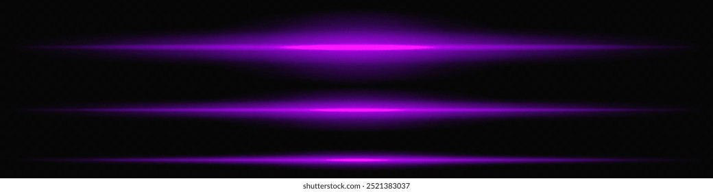 Glowing purple laser beam horizontally across a dark transparent background, creating a futuristic and high-tech visual effect. Neon flare, laser lines of light. On a transparent background.