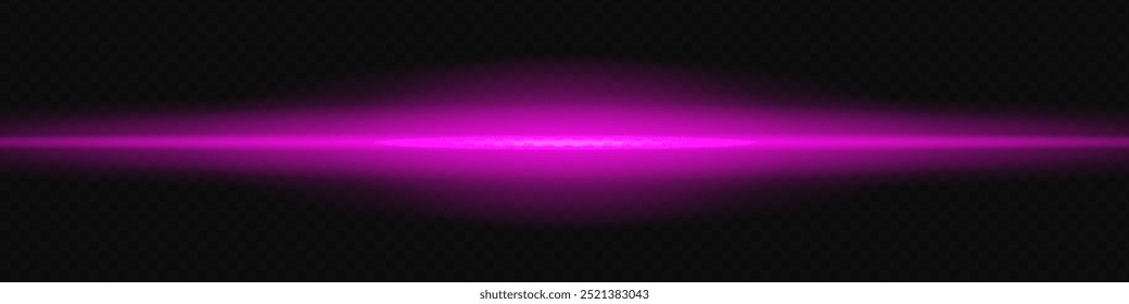 El rayo láser púrpura brillante horizontalmente a través de un fondo transparente oscuro, creando un efecto visual futurista y de alta tecnología. Llamarada de neón, líneas de luz láser. Sobre un fondo transparente.