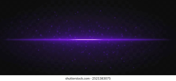 Glowing purple laser beam horizontally with sparkling particles across a dark transparent background, creating a futuristic and high-tech visual effect. Neon flare, laser lines of light