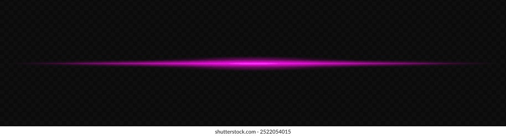 Glowing purple laser beam horizontally across a dark transparent background, creating a futuristic and high-tech visual effect. Neon flare, laser lines of light. On a transparent background.