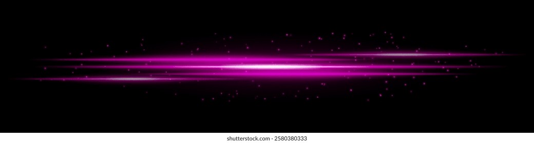 Glowing purple light streaks with scattered particles on a dark background. Futuristic energy flow, laser effect, neon illumination, and digital speed motion concept.