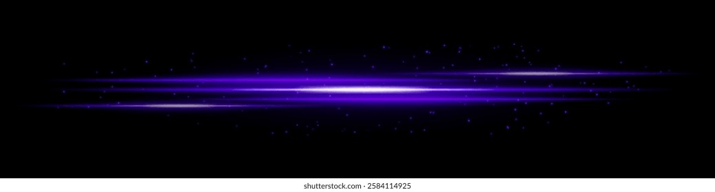 Glowing purple light streaks with scattered particles on a dark background. Futuristic energy flow, laser effect, neon illumination, and digital speed motion concept.