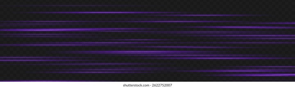 Estelas de luz púrpura brillante que crean desenfoque de movimiento en capas sobre fondo oscuro. Perfecto para la interfaz de usuario futurista, Elementos de velocidad digitales o animaciones de datos de ciencia ficción.