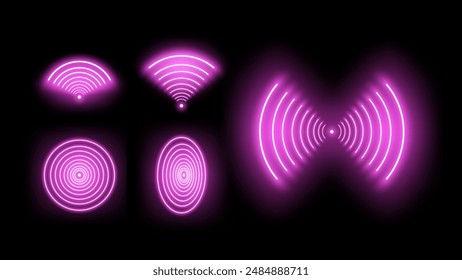 Glowing Purple Light Wifi, Wireless, Sensor and Radar Concept. 3D Wireless Networking with Violet Wave Effect. Vector.