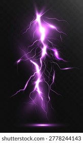 Glowing purple lightning bolt with electric energy sparks and plasma effect isolated on transparent background.