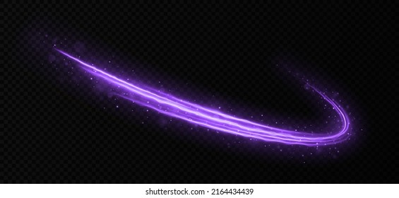 Glowing purple lines effect. Glittering magic purple particles isolated on transparent background. Sparkling wavy light effect.