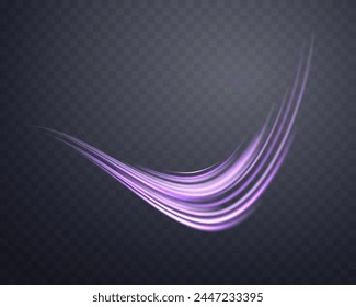 Glowing purple lines. Neon realistic energy speed. Abstract light effect on a dark transparent background. Vector illustration.