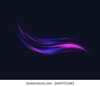 Glowing purple lines. Neon realistic energy speed. Abstract light effect on a black background. Vector illustration.
